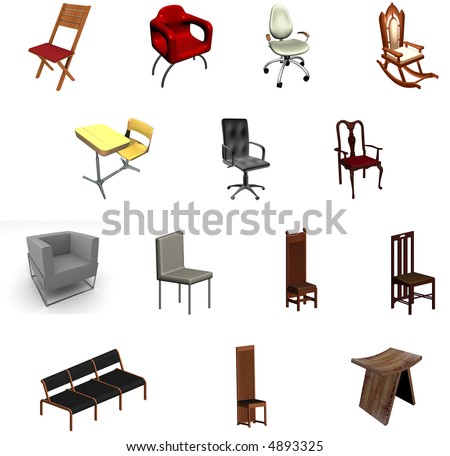 3D rendering of various chairs isolated on white