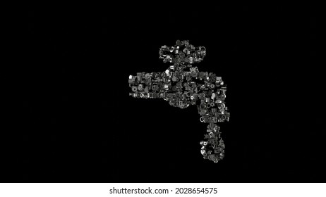 3d rendering various mechanical glossy metal parts in shape of symbol of tap with water drop isolated on black background