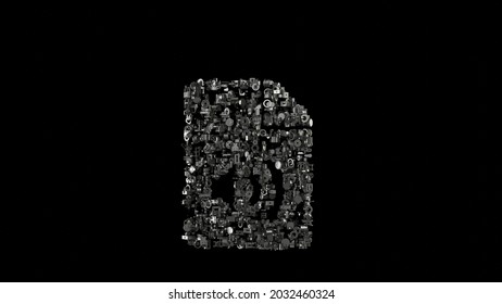 3d rendering various mechanical glossy metal parts in shape of symbol of paper with bent corner and sound symbol isolated on black background