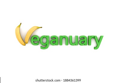 3d rendering of "veganuary" text with 2 bananas as "v" letter. Vegan, plant based diet and healthy, cruelty-free lifestyle in January - Powered by Shutterstock