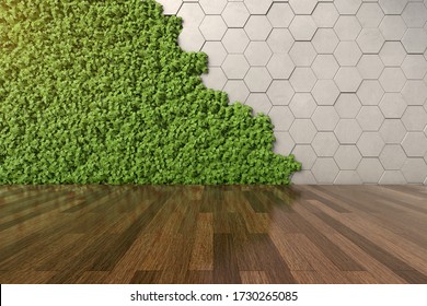 3D Rendering Of Vertical Green Garden And Hexagon Concrete Wall In Modern Interior With Zen Wooden Floor, Peaceful Interior Architecture