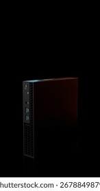 3D rendering of a vertical ISP server computer tower with sleek metallic finish and orange glowing illumination. The device is isolated on black background for use in IT and business concepts.