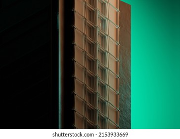 3D rendering of a very modern upscale Black Cyan building, Abstract 3D constructions on green and haze Futuristic, 3D Rendering illustration.