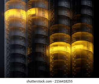 
3D rendering of a very modern upscale Black Round building, Abstract 3D constructions on orange light haze Black Futuristic, 3D Rendering illustration.
