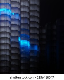 3D rendering of a very modern upscale Black Round side building, Abstract 3D constructions on blue light haze Black Futuristic, 3D Rendering illustration.

