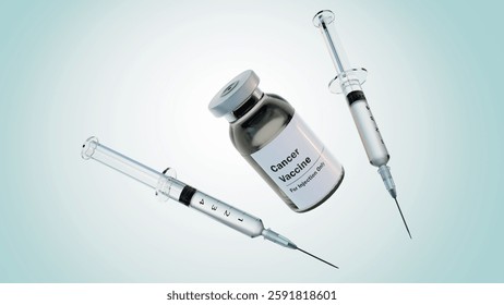 A 3d rendering of vials containing a liquid labeled "Cancer Vaccine" and a syringe, the concept of cancer treatment through vaccination. A conceptual representation of the fight against cancer.
