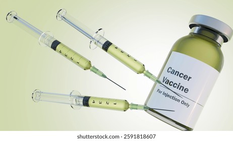 A 3d rendering of vials containing a liquid labeled "Cancer Vaccine" and a syringe, the concept of cancer treatment through vaccination. A conceptual representation of the fight against cancer.
