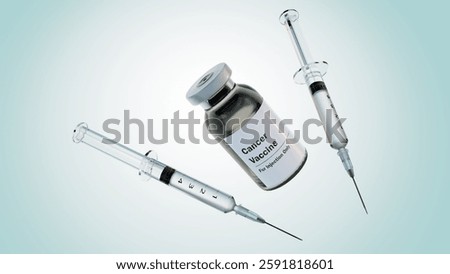 A 3d rendering of vials containing a liquid labeled "Cancer Vaccine" and a syringe, the concept of cancer treatment through vaccination. A conceptual representation of the fight against cancer.