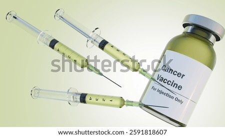 A 3d rendering of vials containing a liquid labeled "Cancer Vaccine" and a syringe, the concept of cancer treatment through vaccination. A conceptual representation of the fight against cancer.