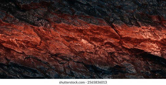 3D rendering of a vibrant red and black rock texture with rugged details. Perfect for artistic, abstract, and industrial themes. 3D, rendering, illustration.