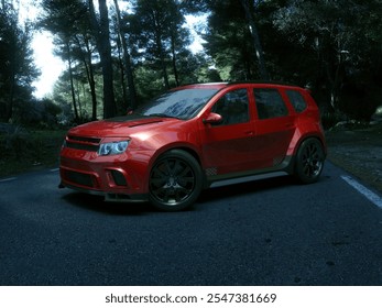3d rendering - Vibrant red SUV parked on a forest road surrounded by lush greenery.