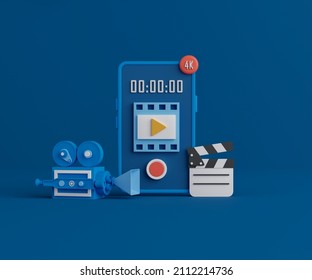 3d rendering video application on smartphone. Mobile phone with movie camera and film slate on blue background.