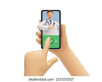 3d Rendering. Video Call With Doctor, Online Consultation. Thumb Up Like Gesture. Cartoon Character Hands Hold Mobile Phone Device. Medical Clip Art Isolated On White Background