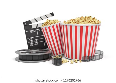 3d rendering of a video reel, popcorn buckets and a clapperboard on a white background. Cinema and movies. Watching films. Entertainment. - Powered by Shutterstock