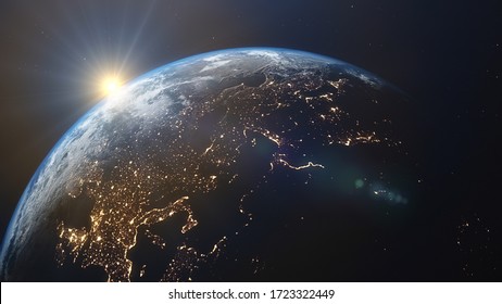 3D Rendering Of A View Of The Planet Earth From Space. On The Surface Of The Planet Are Visible Clouds, Continents, Oceans. Elements Of This Image Furnished By NASA