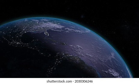 3D Rendering View From Space Of Planet Earth With Blue Shinny Atmosphere Rim In World Science And CGI Illustration On Global And Universe Concept