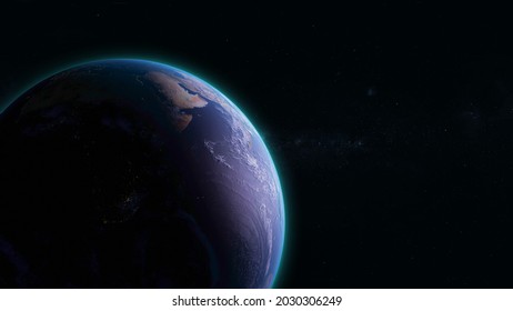 3D Rendering View From Space Of Planet Earth With Blue Shinny Atmosphere Rim In World Science And CGI Illustration On Global And Universe Concept