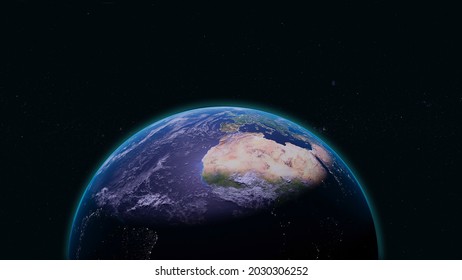 3D Rendering View From Space Of Planet Earth With Blue Shinny Atmosphere Rim In World Science And CGI Illustration On Global And Universe Concept