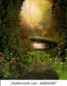 3D Rendering Of A View Through An Enchanted Dark Forest And A Pond.