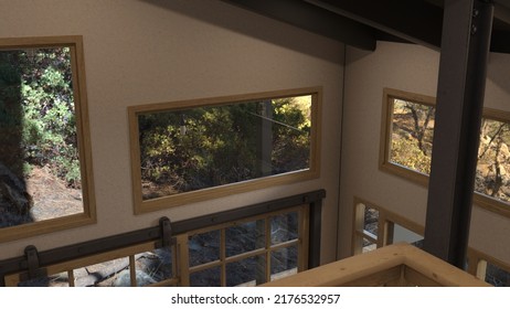 3D Rendering Of A View From The Upper Floor Of A Wooden Cabin Interior Looking Outside.