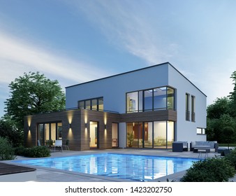 3D Rendering Of A Villa With Pool In The Evening