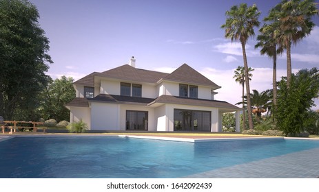 3D rendering of a villa with pool in an exotic garden