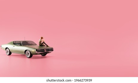 3D rendering vintage car on the hood sitting man and thinking with pink empty background. - Powered by Shutterstock