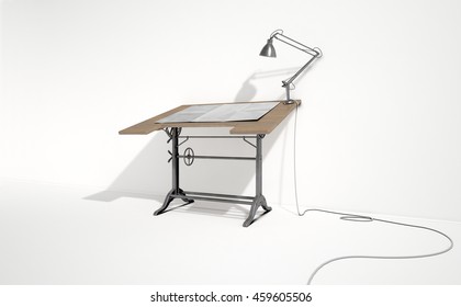 A 3D rendering of a vintage draftsmans desk with a classic desk lamp and a sheet of blank paper on an isolated white studio background