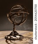 3D rendering of vintage World map globe on wooden stand over dark brown background. Some elements of the image furnished from Public Domain library