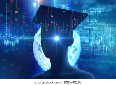 3d Rendering Of Virtual Human Silhouette On Technology Background Illustration,concept 
Of Online Education Or E-learning.
