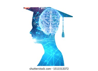 3d Rendering Of Virtual Human Silhouette On Technology Background Illustration, Concept 
Of Online Education Or E-learning.
