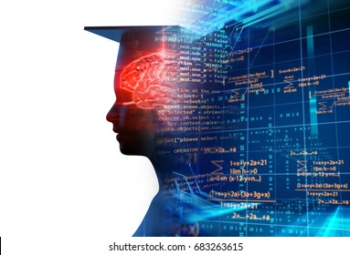 3d Rendering Of Virtual Human Silhouette On Technology Background Illustration,concept 
Of Online Education Or E-learning.
