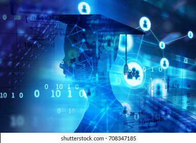 3d Rendering Of Virtual Human Silhouette On Technology Background Illustration,concept 
Of Online Education Or E-learning.
