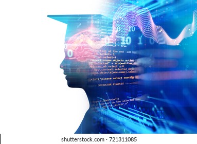 3d Rendering Of Virtual Human Silhouette On Technology Background Illustration,concept 
Of Online Education Or E-learning.
