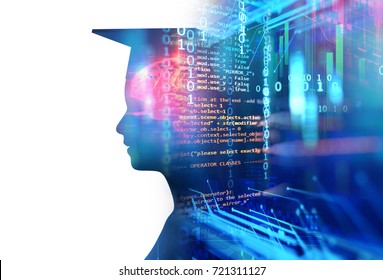 3d Rendering Of Virtual Human Silhouette On Technology Background Illustration,concept 
Of Online Education Or E-learning.
