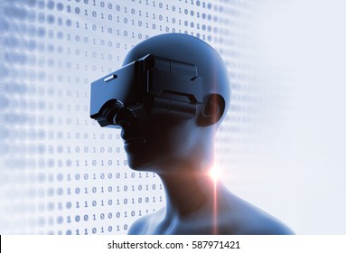 3d rendering of virtual human in VR headset on futuristic technology and programming languages background represent virtual reality technology .