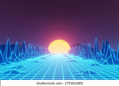 3d Rendering, Virtual Reality, Road From Geometric Lines Between The Mountains To The Setting Sun