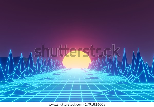 3d rendering, Virtual
reality, road from geometric lines between the mountains to the
setting sun