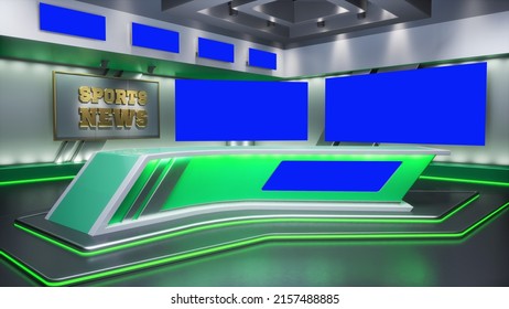 3D Rendering Virtual TV Sport Studio News, Backdrop For TV Shows. TV On Wall. Advertising Area, Workspace Mock Up.