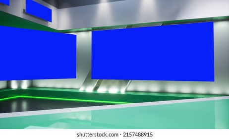 3D Rendering Virtual TV Sport Studio News, Backdrop For TV Shows. TV On Wall. Advertising Area, Workspace Mock Up.