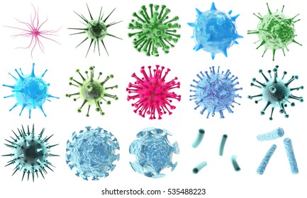 3d Rendering Virus Bacteria Icons Set, Abstract Beautiful Microbiological Colorful Cell Microbe Virus Molecule Bacteria Objects Set Isolated On White Background.