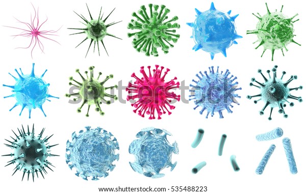 3d 渲染病毒细菌图标集 抽象美丽的微生物多彩细胞微生物病毒分子细菌对象设置在白色背景上分离 库存插图