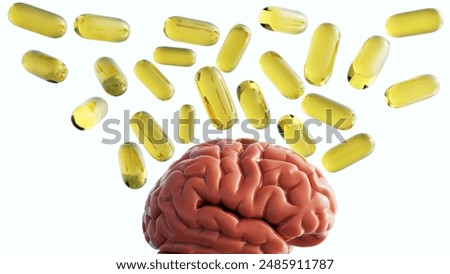 3D rendering of  vitamin B capsules and a human brain. The B vitamins play a crucial role in cognitive function and nervous system support.
