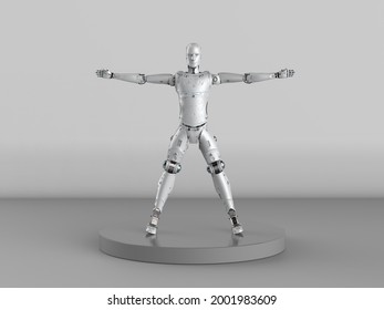 3d rendering vitruvian robot or cyborg on grey background