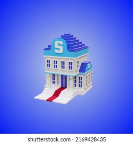 3D Rendering Of A Voxel Building Bank Using A Blue And White Color Scheme.
With A Blue Background.
Perfect For Game Character Reference.
Simple 3D Modeling.