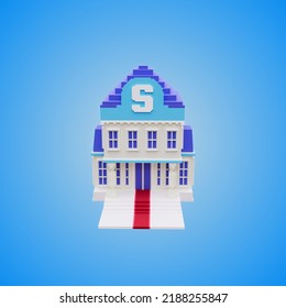 3D Rendering Of A Voxel Building Bank Using A Blue And White Color Scheme.
With A Blue Background.
Perfect For Game Character Reference.
Simple 3D Modeling.