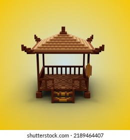 3D Rendering Of A Voxel Pavilion Or Gazebo Using A Blue And Brown, Color Scheme. With A Blue Background. Perfect For Game Character Reference. Simple 3D Modeling.