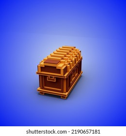 3D Rendering Of A Voxel Pixel Coffin Using A Blue And Brown, Color Scheme. With A Blue Background. Perfect For Game Character Reference. Simple 3D Modeling.