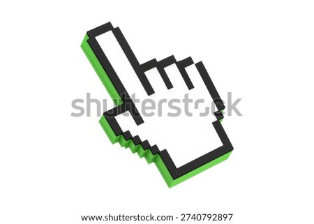 3d rendering of a voxel-style pointing cursor with neon green highlights and a white face, created as a high-resolution game asset.