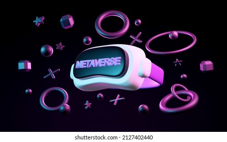 3D Rendering of VR glasses with elements on background concept future technology gaming virtual reality. 3D render illustration cartoon style. 